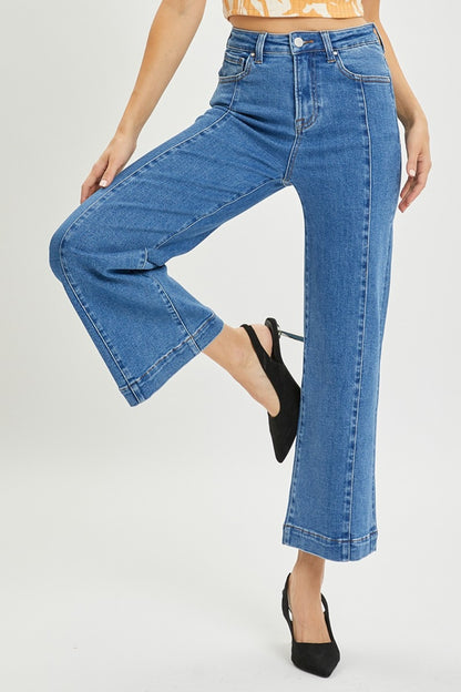 Risen Medium Wash High Rise Wide Leg Jeans