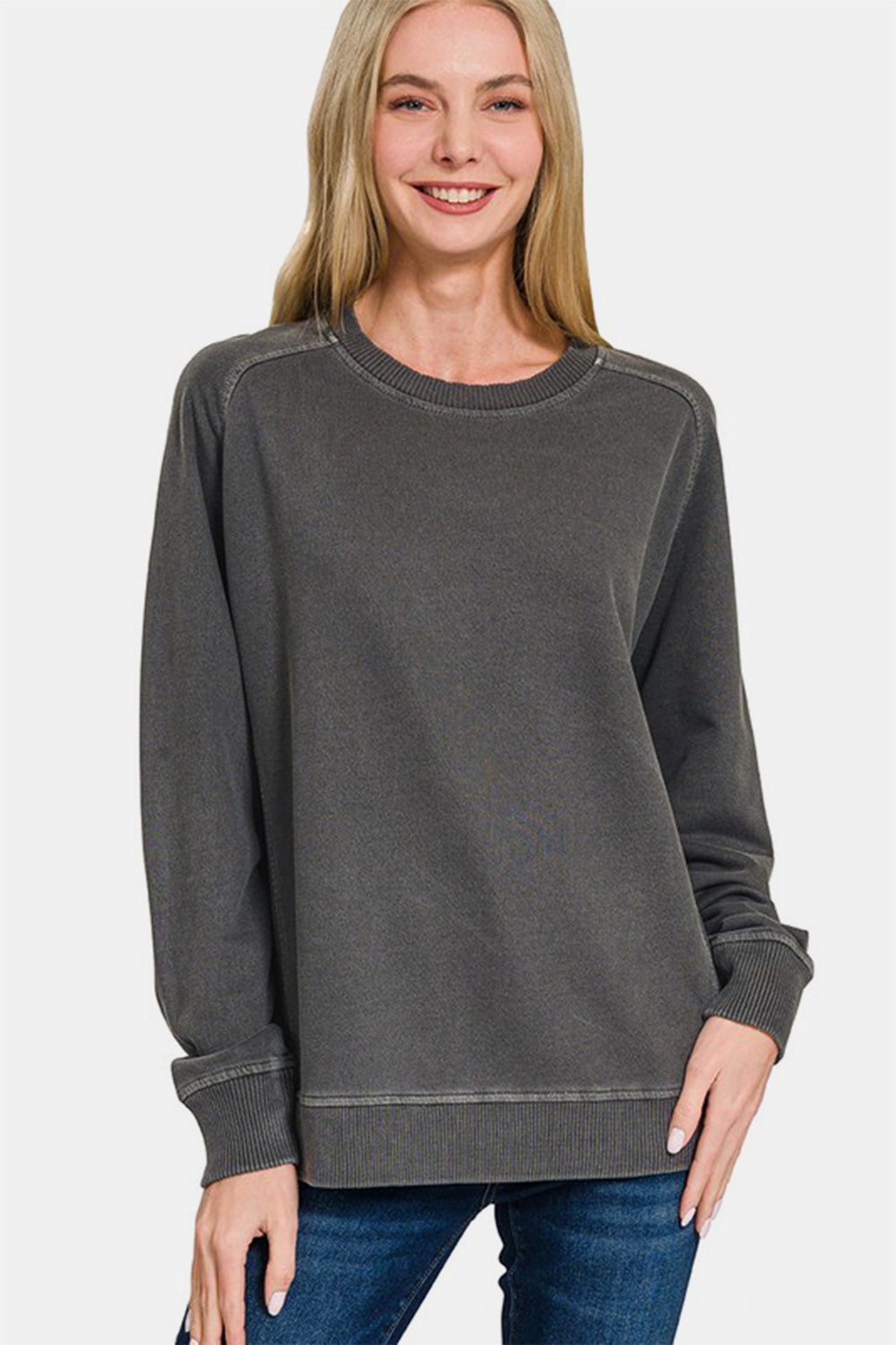 Zenana Pigment Dyed French Terry Sweatshirt - Black