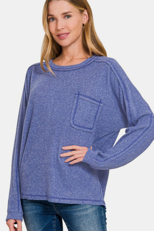 Zenana Ribbed Hacci Top - Blue Purple