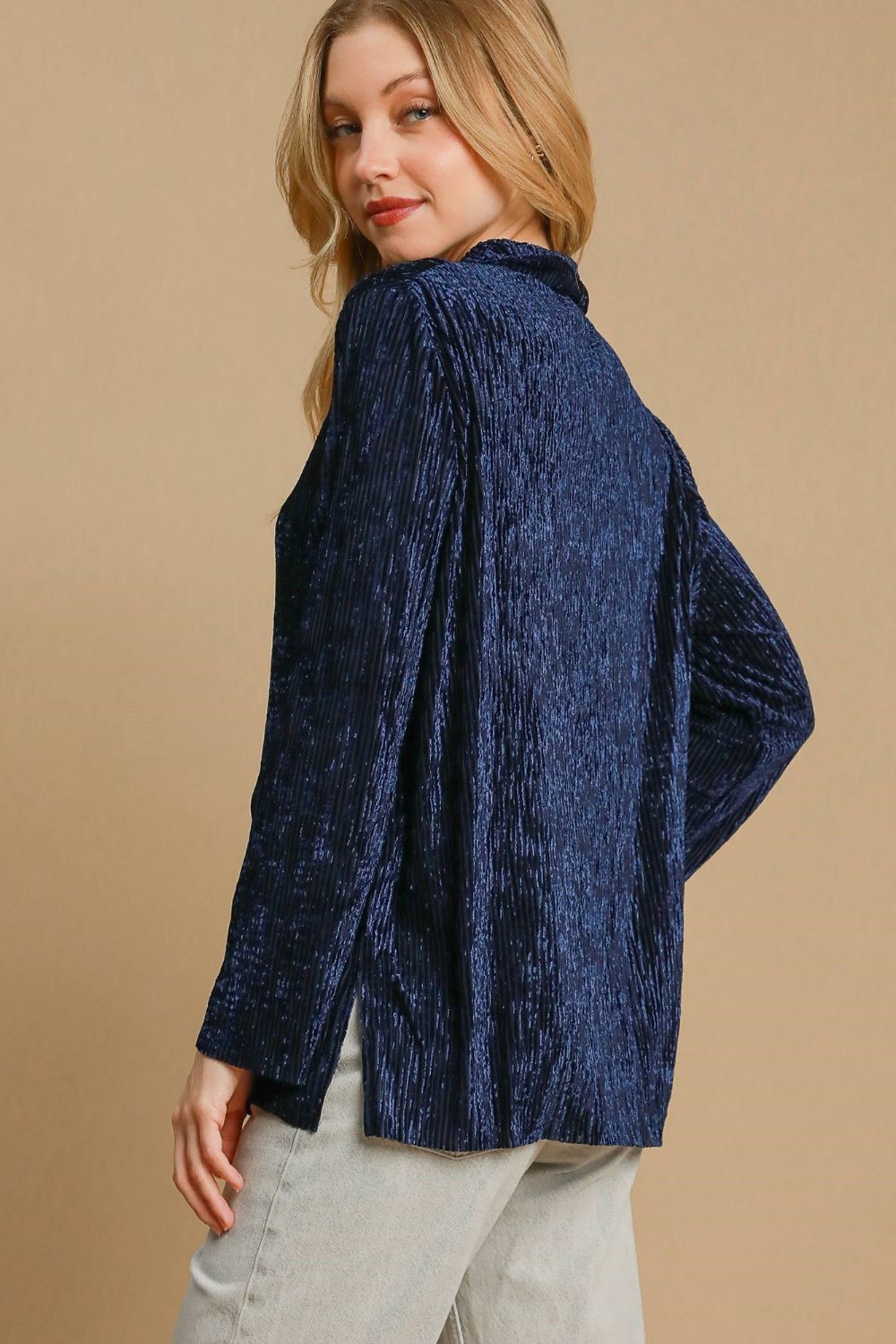 Umgee Textured Button Up Top - Navy