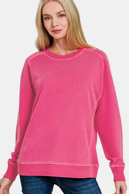 Zenana Pigment Dyed French Terry Sweatshirt - Hot Pink