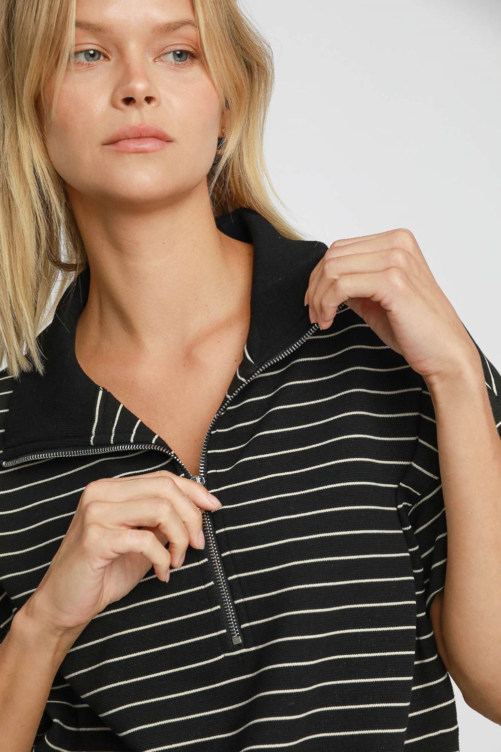 Umgee Striped Short Sleeve Sweatshirt - Black