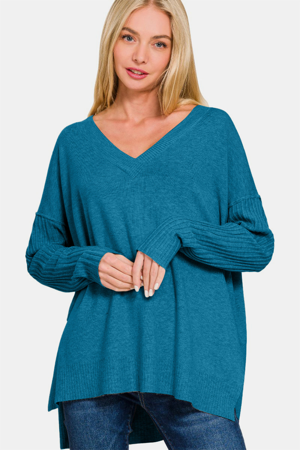 Zenana V-Neck High-Low Sweater - Teal