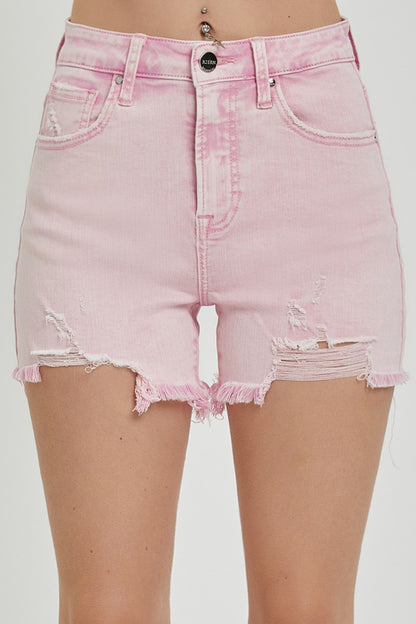 RISEN High Rise Distressed Denim Shorts - Acid Pink