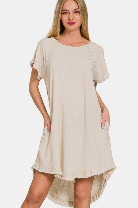 Zenana Fringe Dress with Pockets - Beige