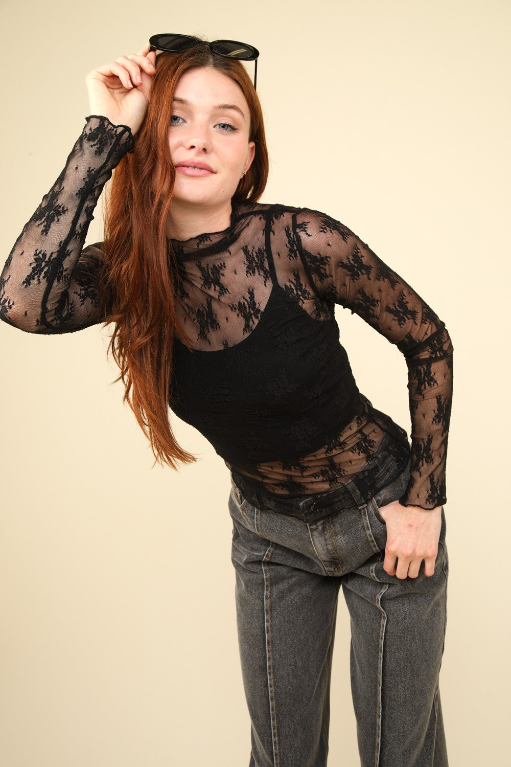 Black Sheer Mesh Lace Top