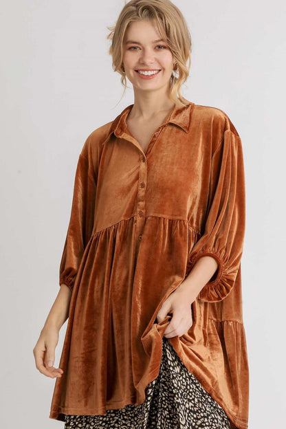 Umgee Button Down Tiered Top - Terracotta