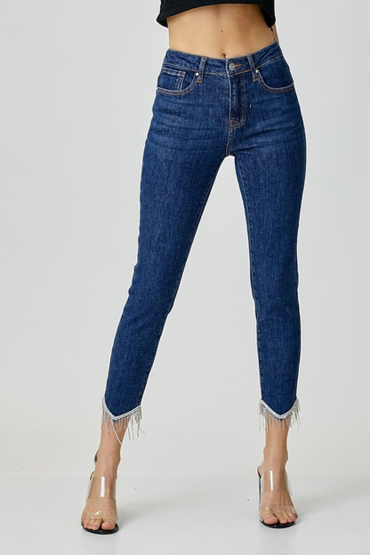 RISEN Fringe Hem Embellished Skinny Jeans