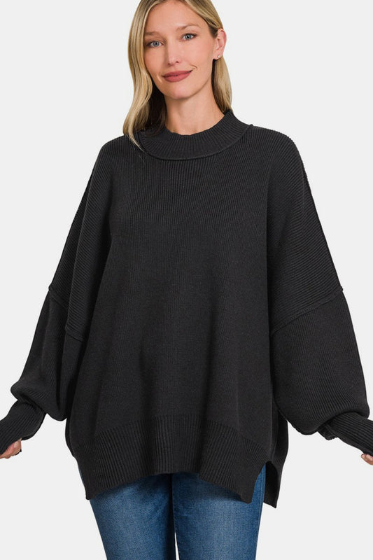 Zenana Black Side Slit Sweater