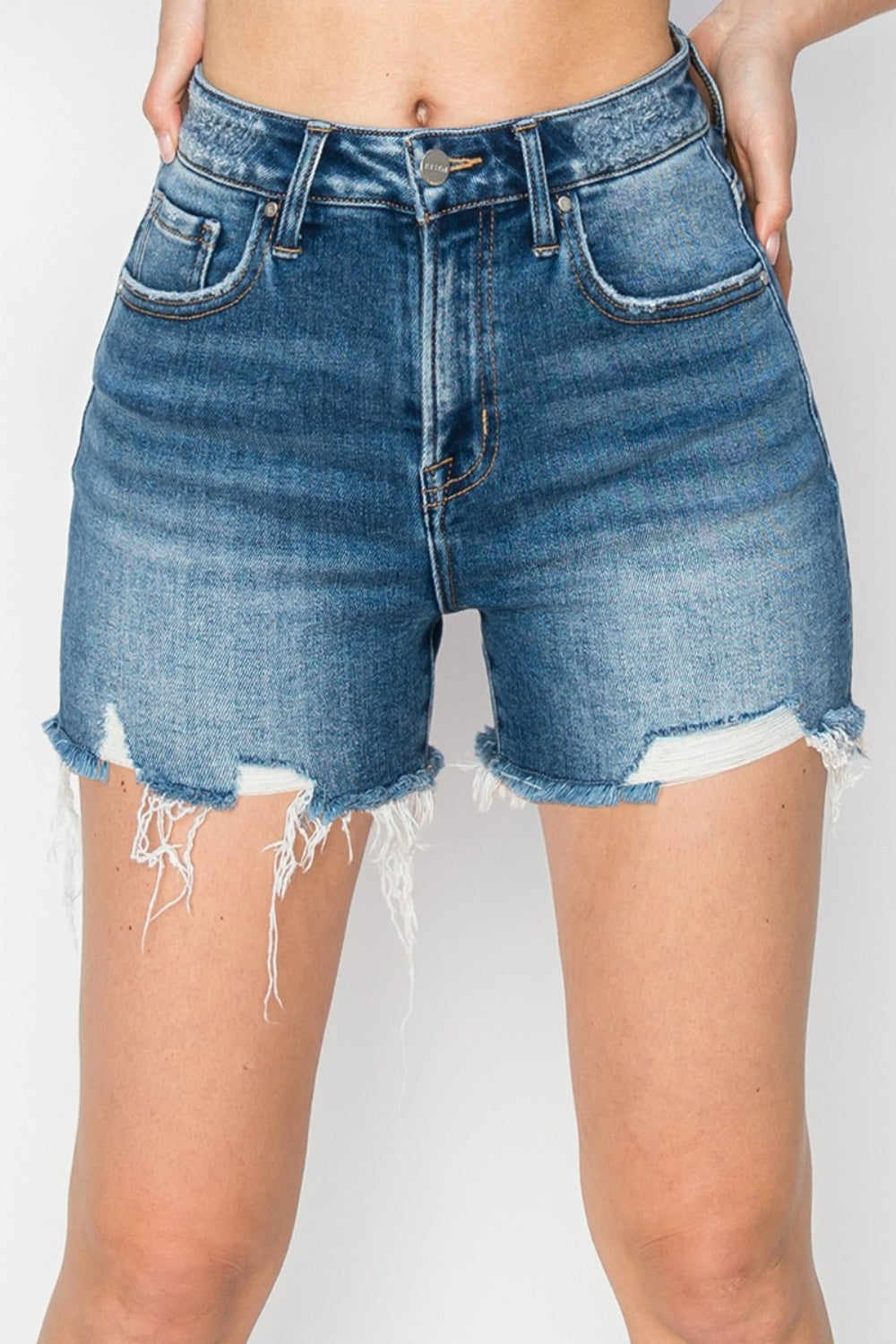 RISEN High Rise Distressed Denim Shorts