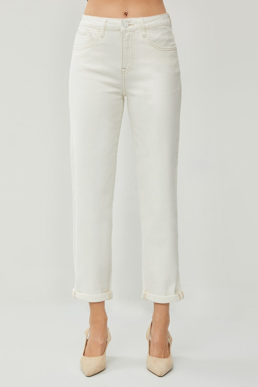 RISEN High Waist Rolled Hem Straight Jeans - Cream