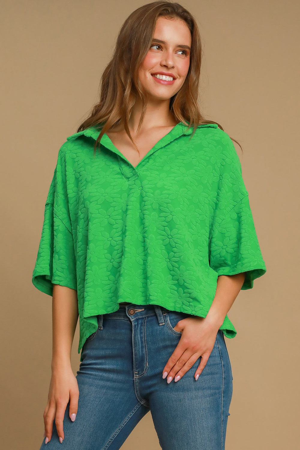 Umgee Floral Jacquard Top - Green