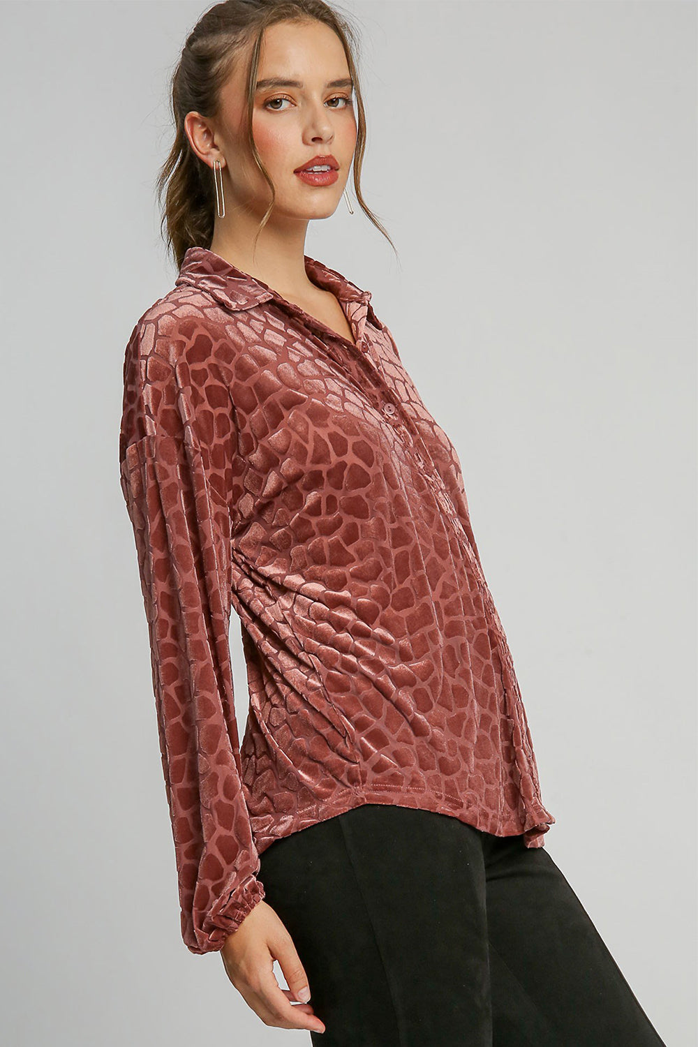 Umgee Velvet Animal Print Top - Rosewood