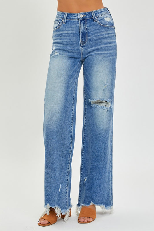 Risen Frayed Hem Wide Leg Jeans