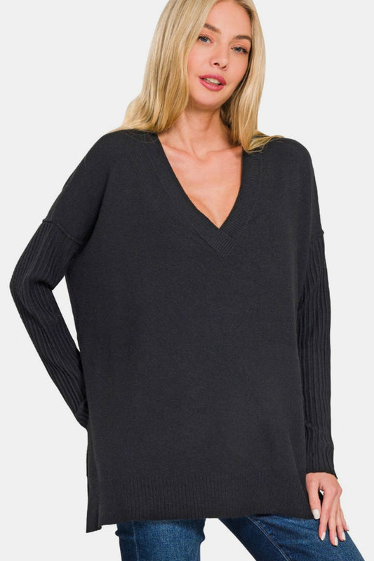 Zenana V-Neck High-Low Sweater - Black