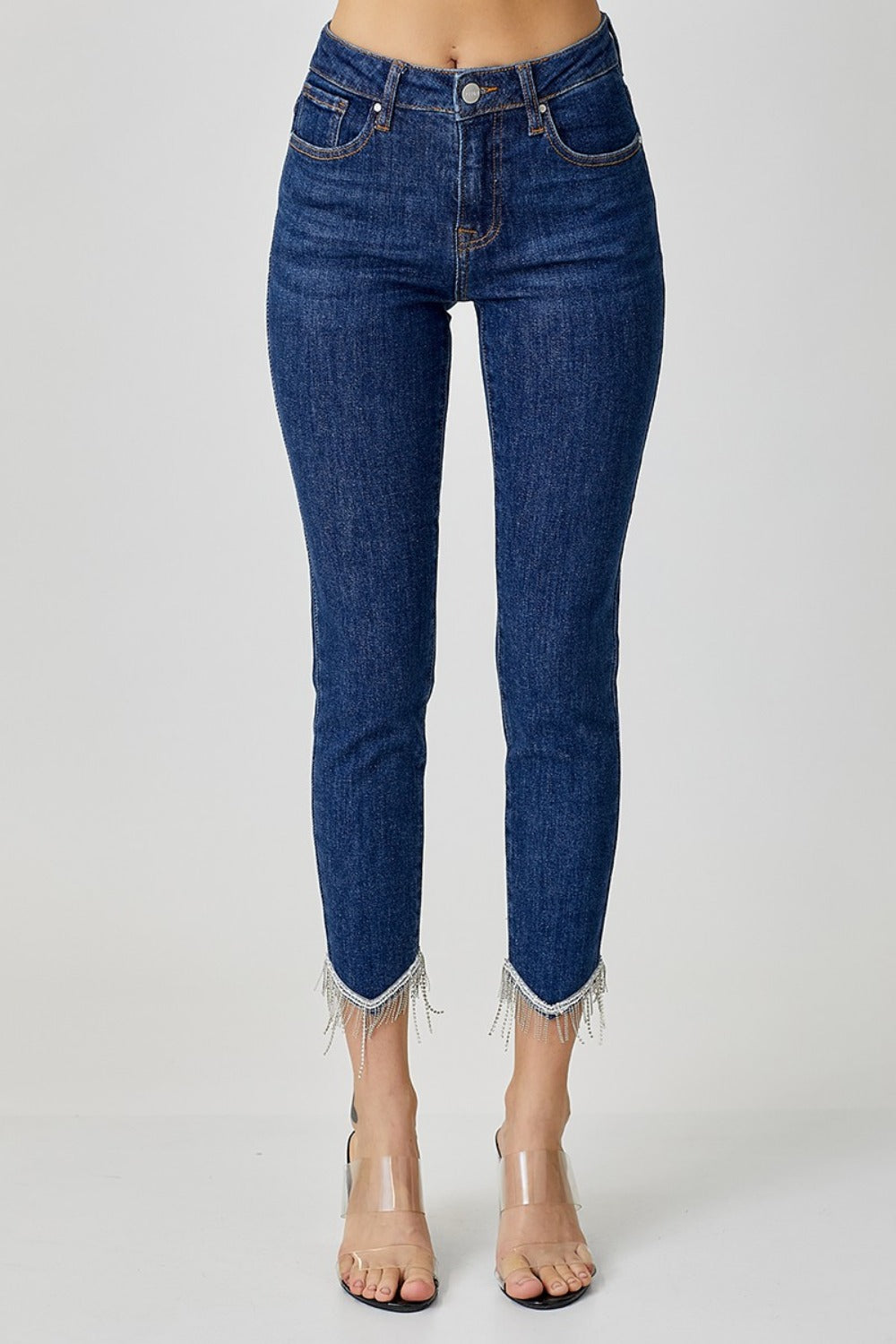 RISEN Fringe Hem Embellished Skinny Jeans