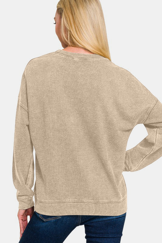 Zenana Washed Dropped Shoulder Sweatshirt - Khaki