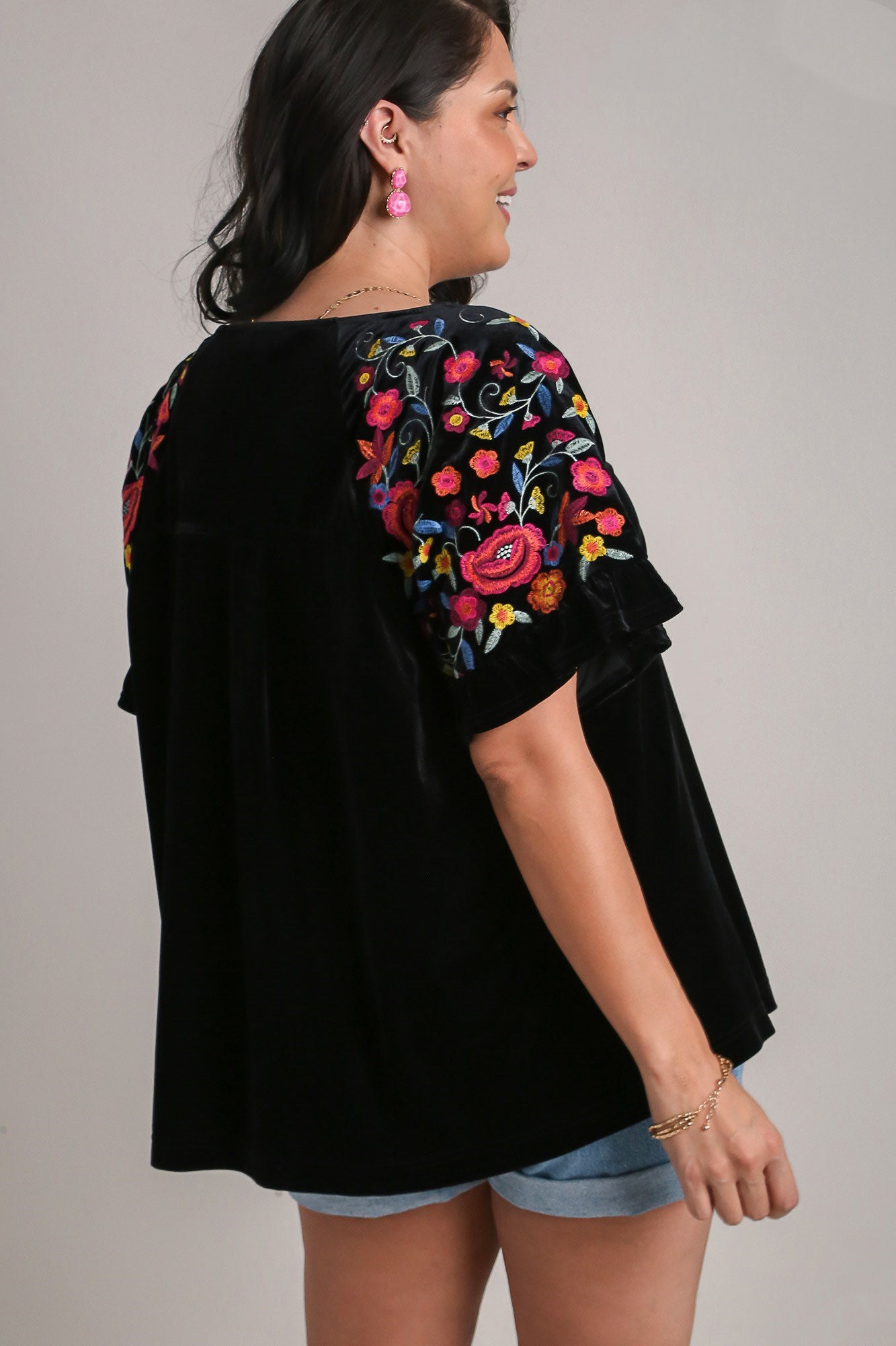 Umgee Velvet Embroidery Top - Black