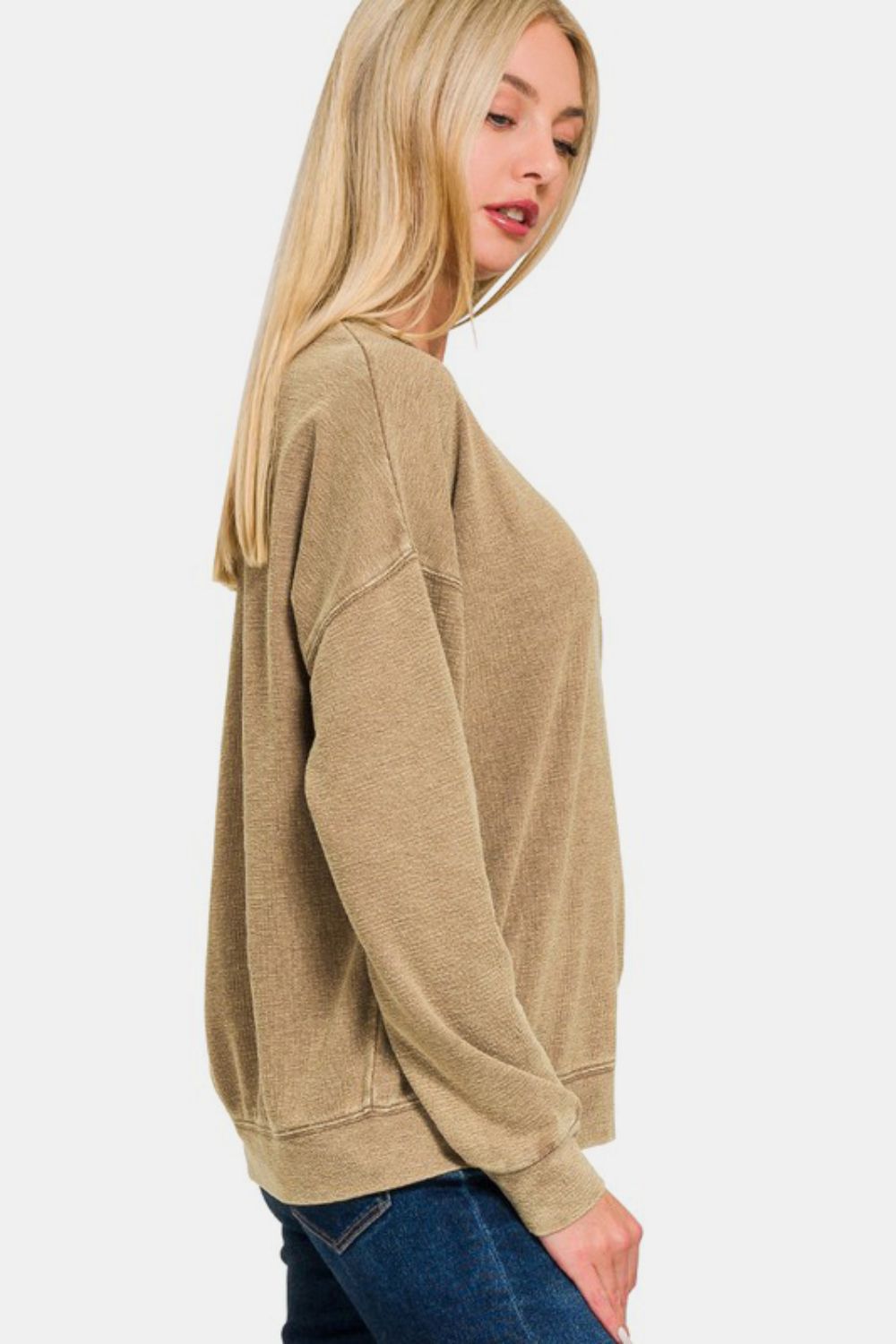 Zenana Washed Dropped Shoulder Sweatshirt - Camel