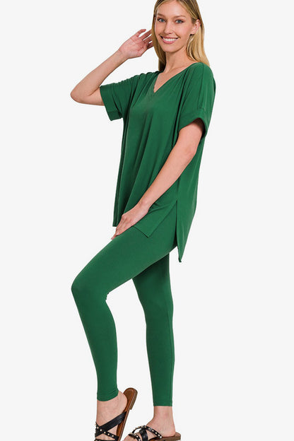 Zenana V-Neck Short Sleeve Top & Leggings Set - Dark Green