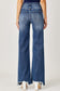 Risen High Rise Frayed Hem Wide Leg Jeans - Dark