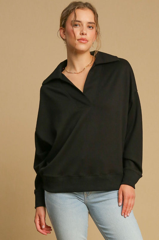 Umgee Johnny Collar Sweatshirt - Black
