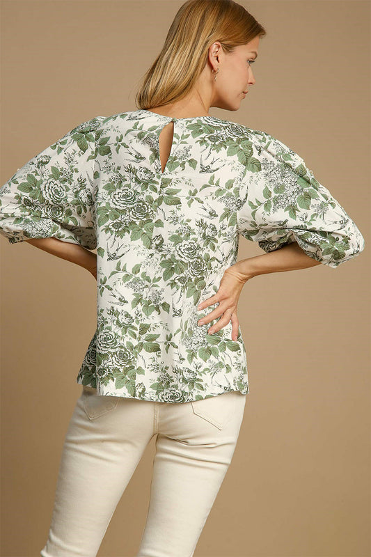 Umgee Floral Pleated Top - Sage