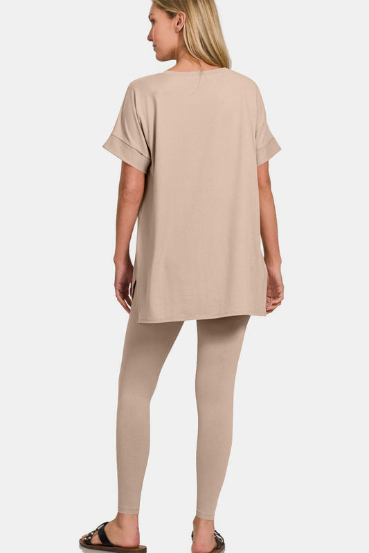 Zenana V-Neck Short Sleeve Top & Leggings Set - Light Mocha