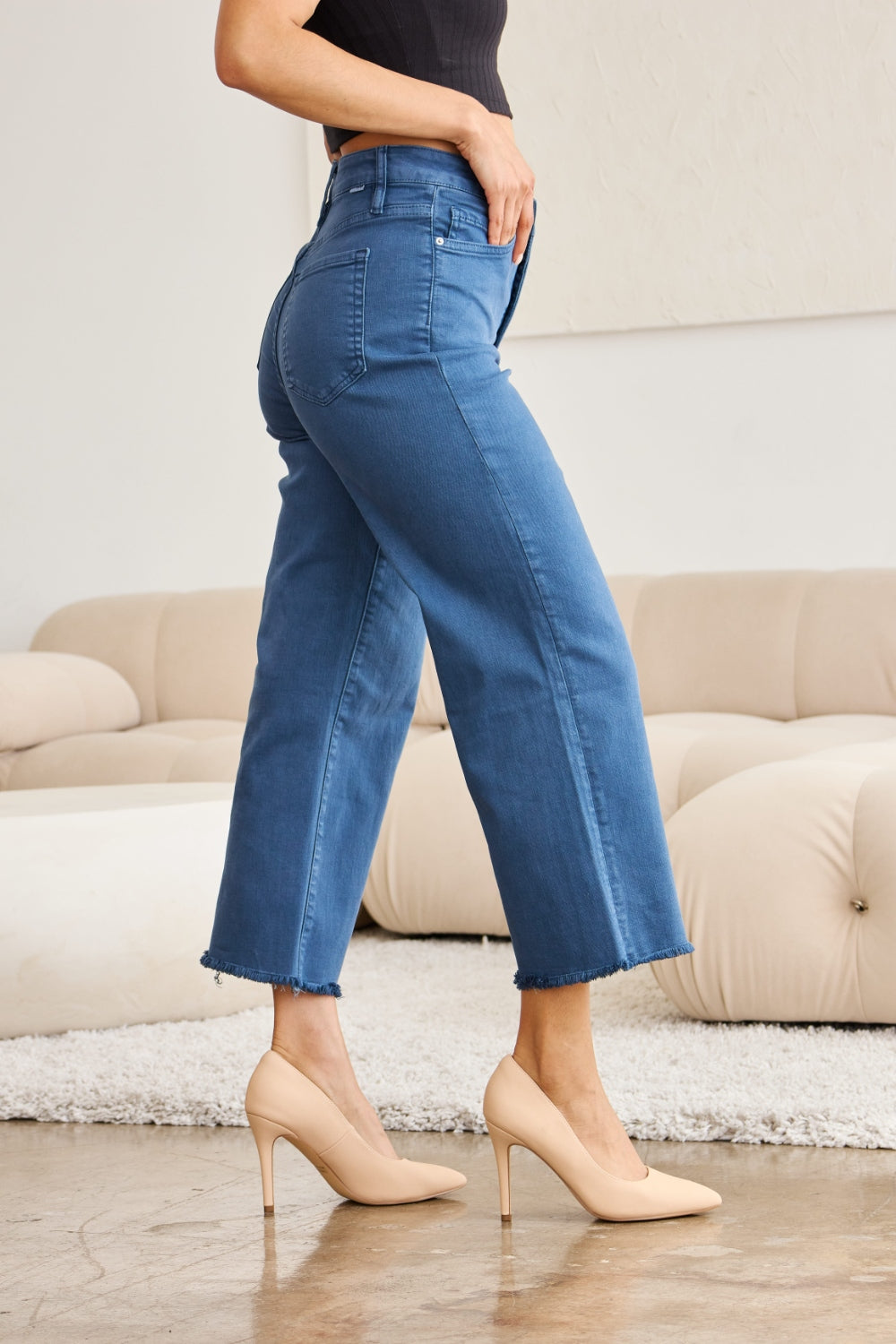 RFM Cropped Tummy Control Raw Hem Jeans - Blue Slate