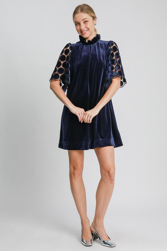 Umgee Velvet Mock Neck Dotted Dress - Navy