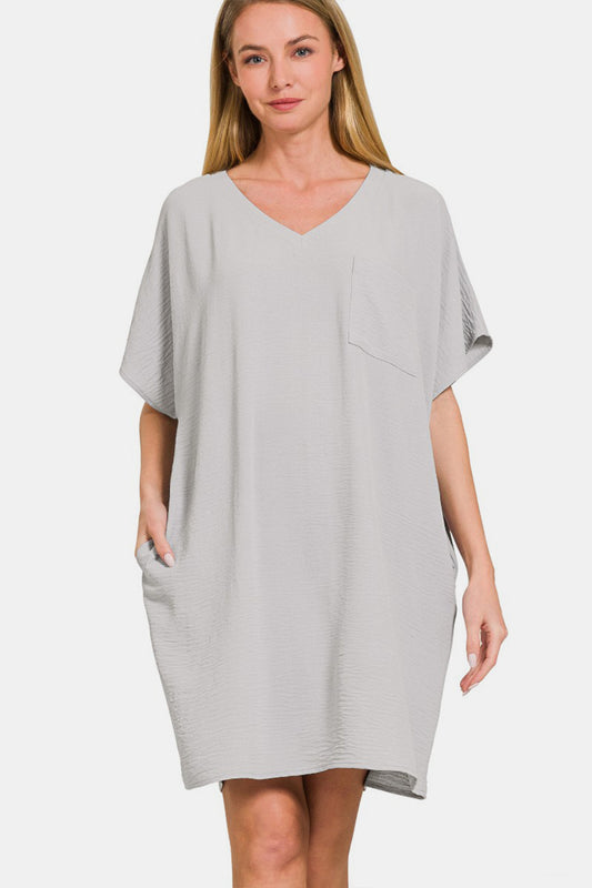 Zenana V-Neck Dress - Gray