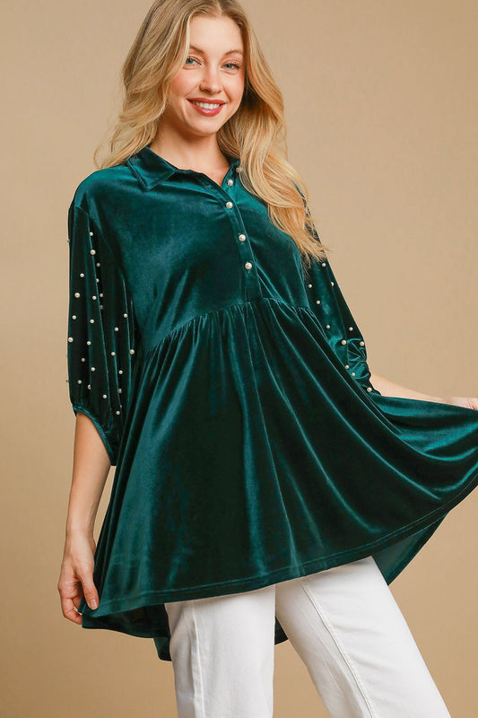 Umgee Pearl Detail Velvet Top - Hunter Green