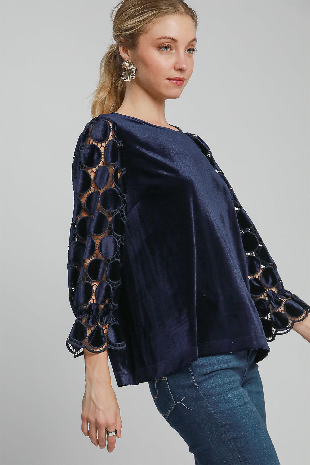 Umgee Polka Dot Lace Top - Navy