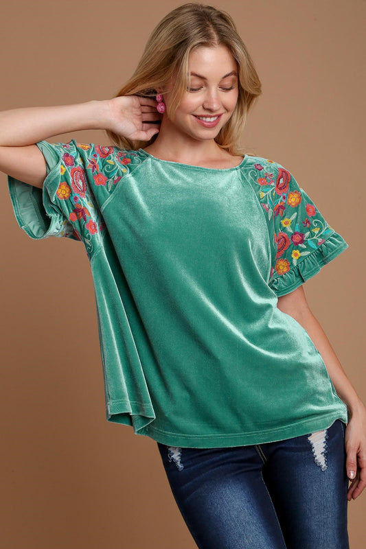 Umgee Velvet Embroidery Top - Turquoise