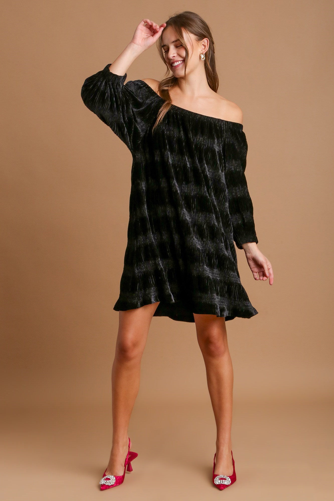 Umgee Velvet Off-Shoulder Dress - Black