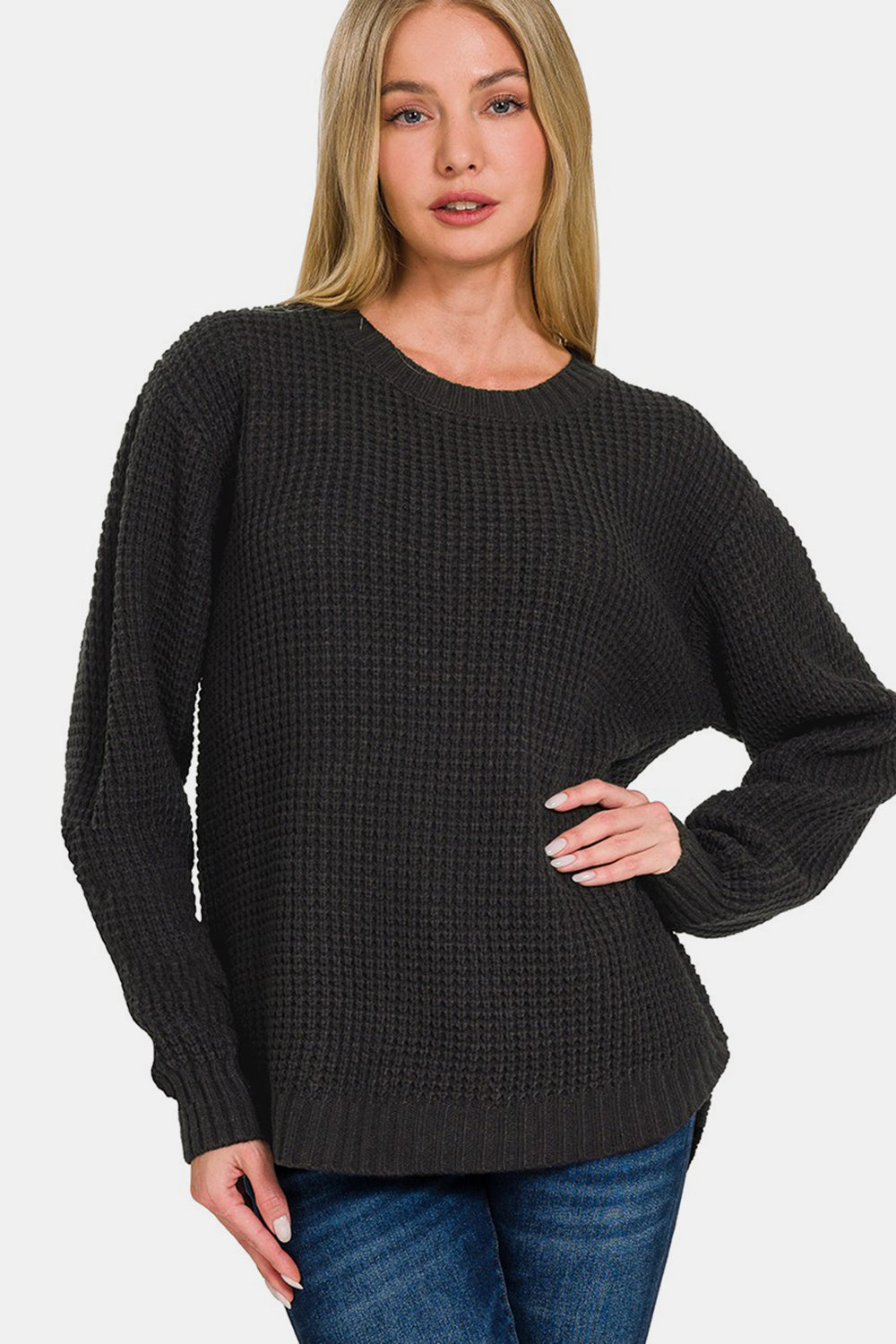 Zenana Waffle Sweater - Black