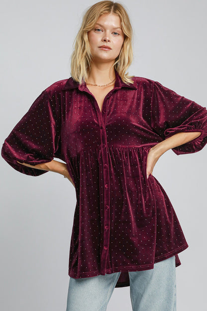 Umgee Polka Dot Button Up Top - Burgundy