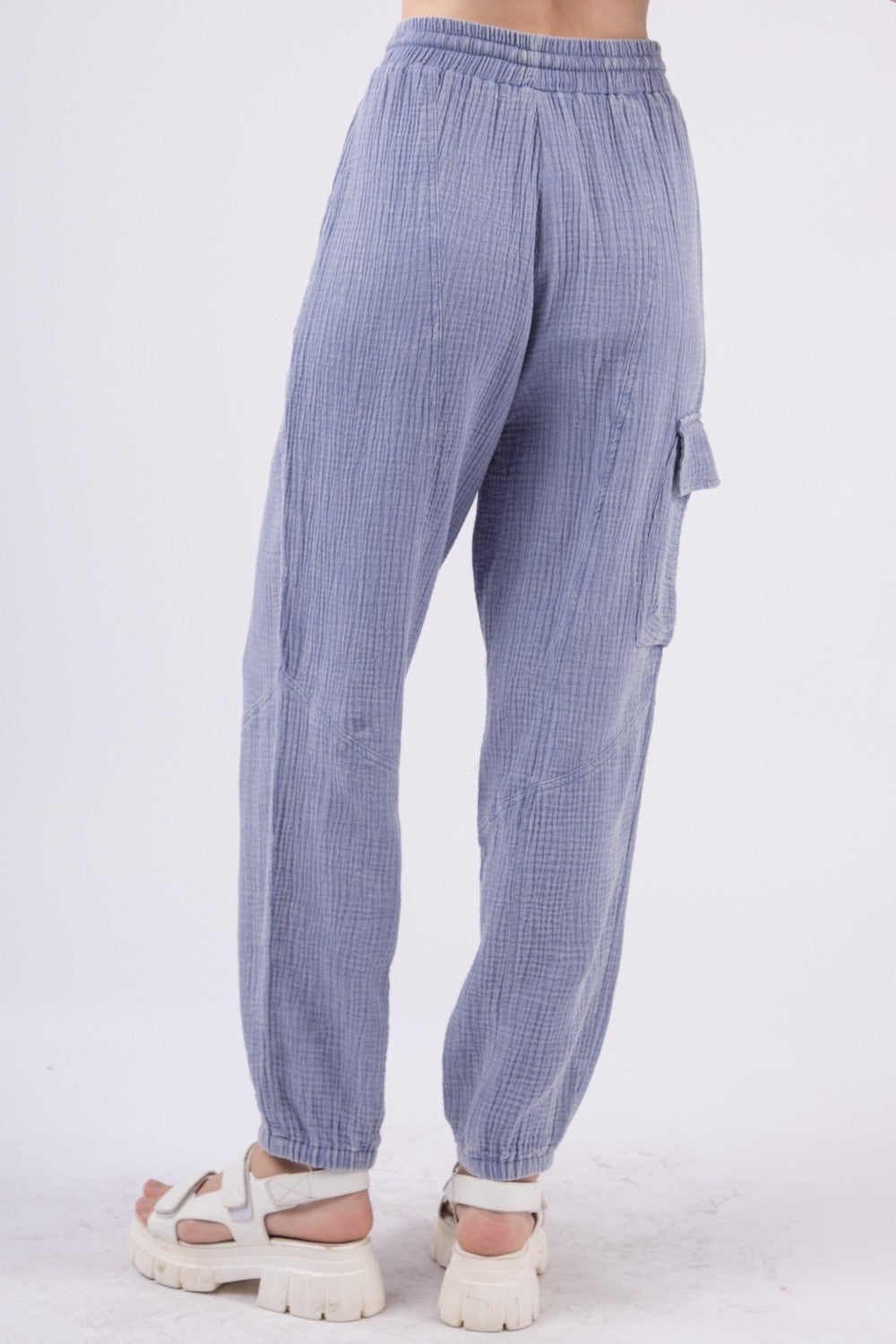 VERY J Crinkle Gauze Drawstring Pants - Denim