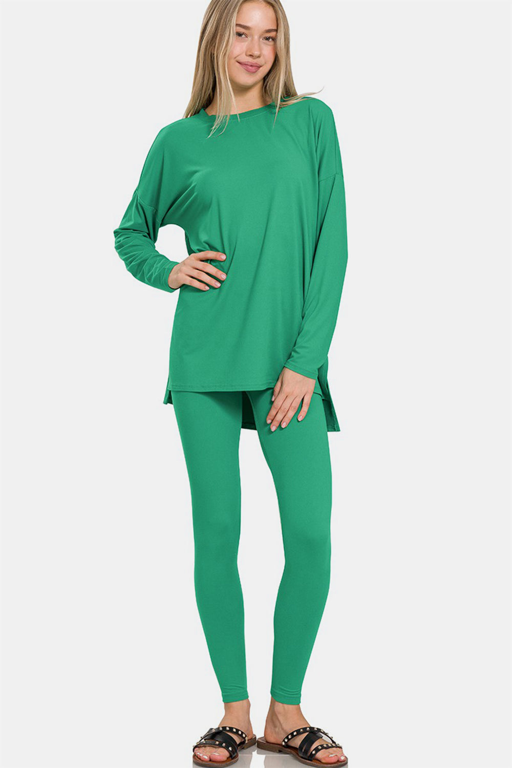 Zenana Brushed Microfiber Top and Leggings Set - Kelly Green