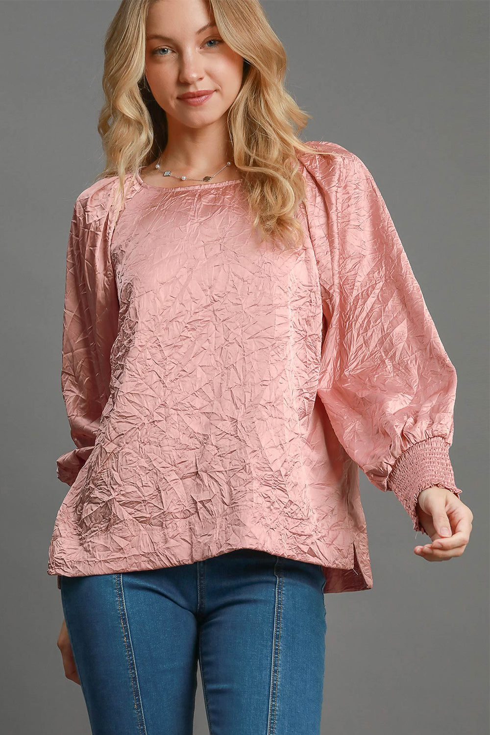 Umgee Wrinkled Lantern Sleeve Top - Blush Pink