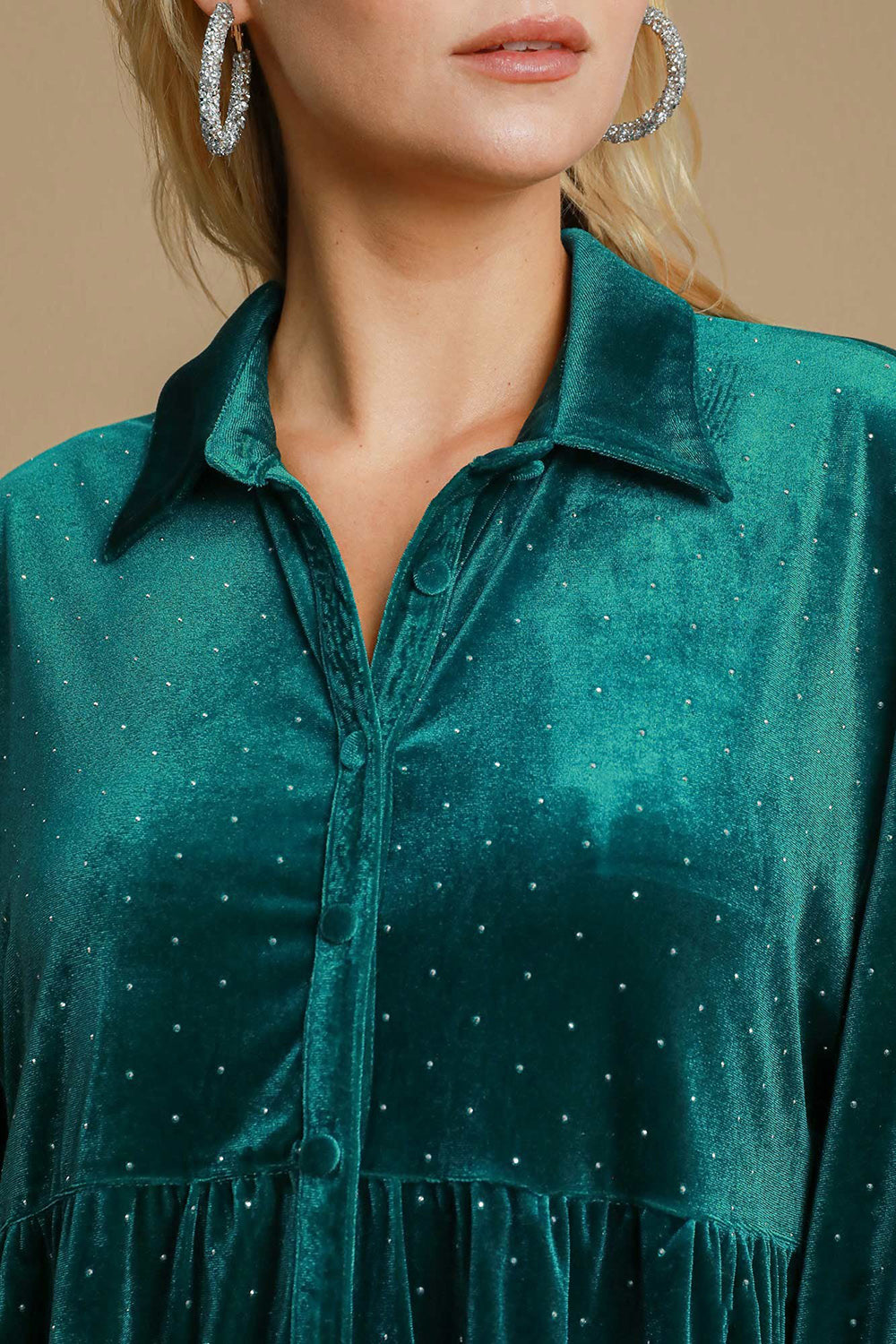 Umgee Polka Dot Button Up Top - Teal Green