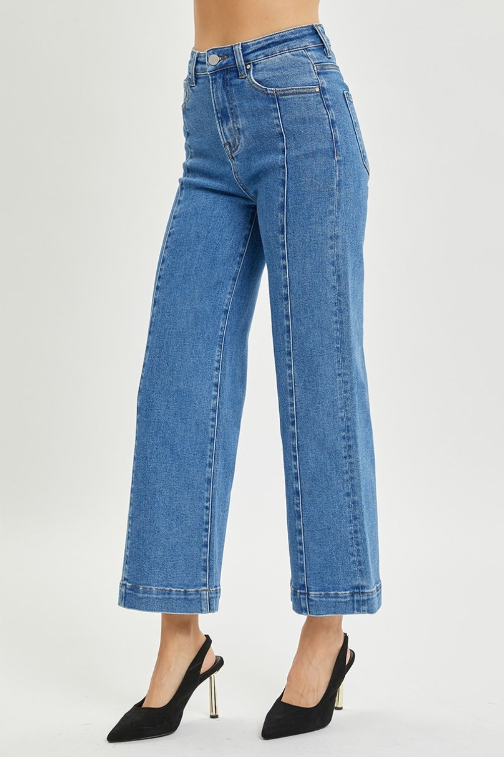 Risen Medium Wash High Rise Wide Leg Jeans