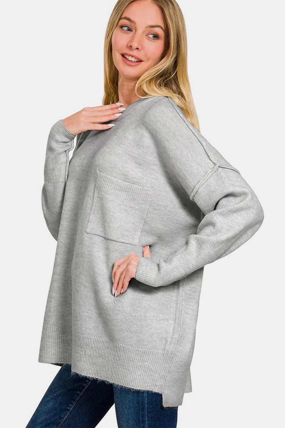 Zenana High-Low Grey Sweater