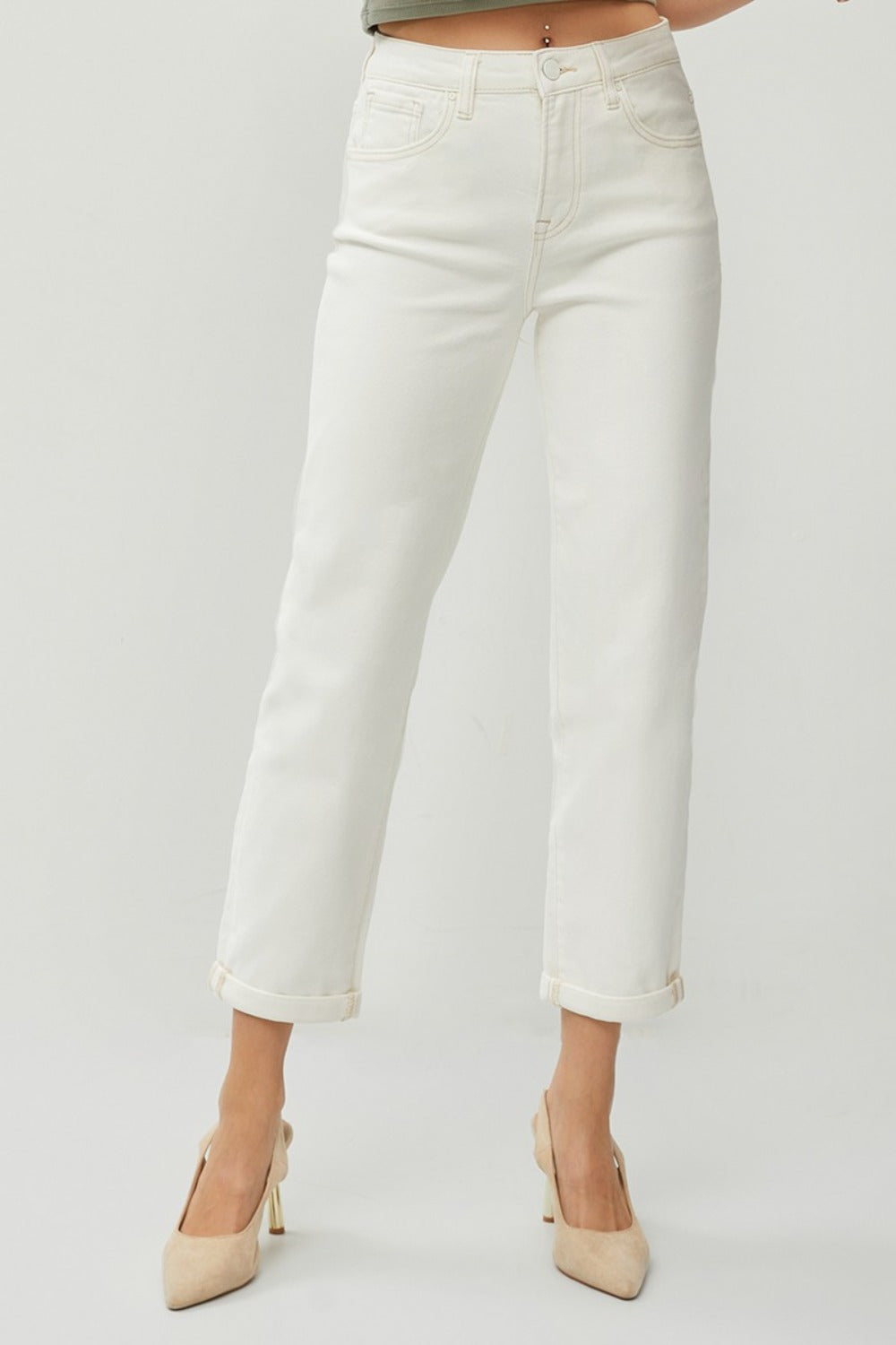 RISEN High Waist Rolled Hem Straight Jeans - Cream