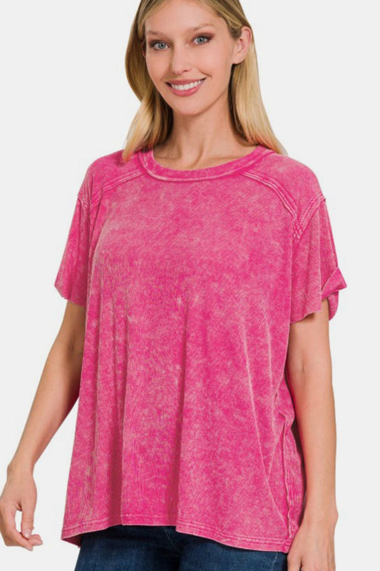 Zenana Washed Ribbed Top - Hot Pink