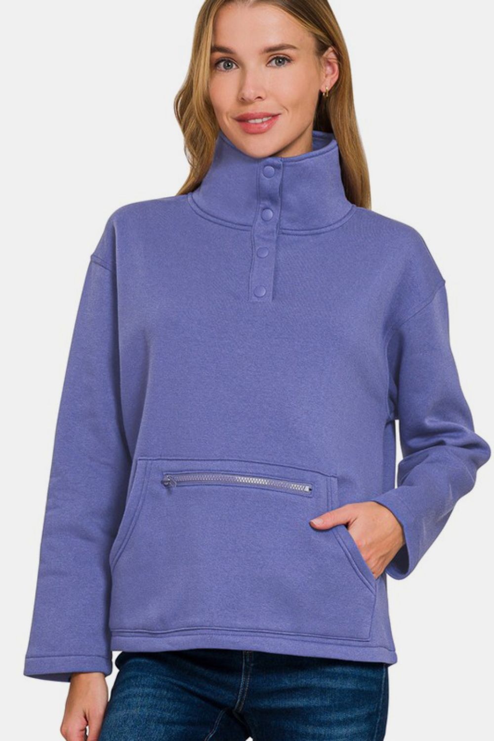 Zenana Turtleneck Half Snap Fleece Sweatshirt - Blue Purple