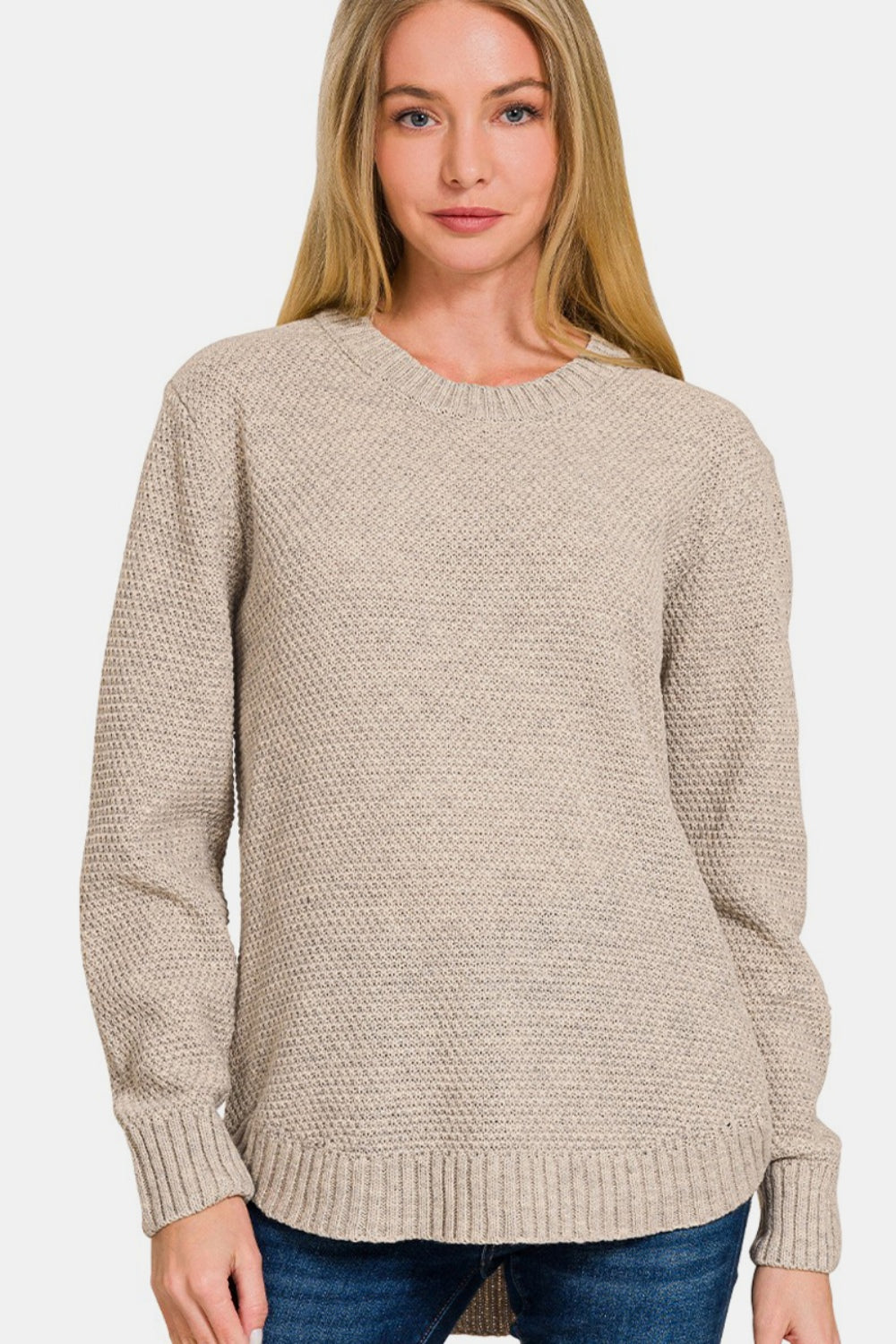 Zenana Curved Hem Sweater - Beige