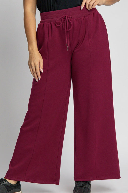 Umgee Drawstring Wide Leg Pants with Pockets - Merlot