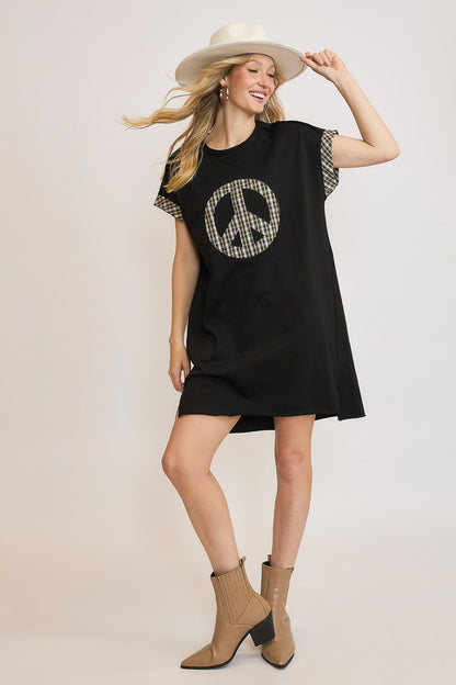 Umgee Plaid Peace Dress - Black