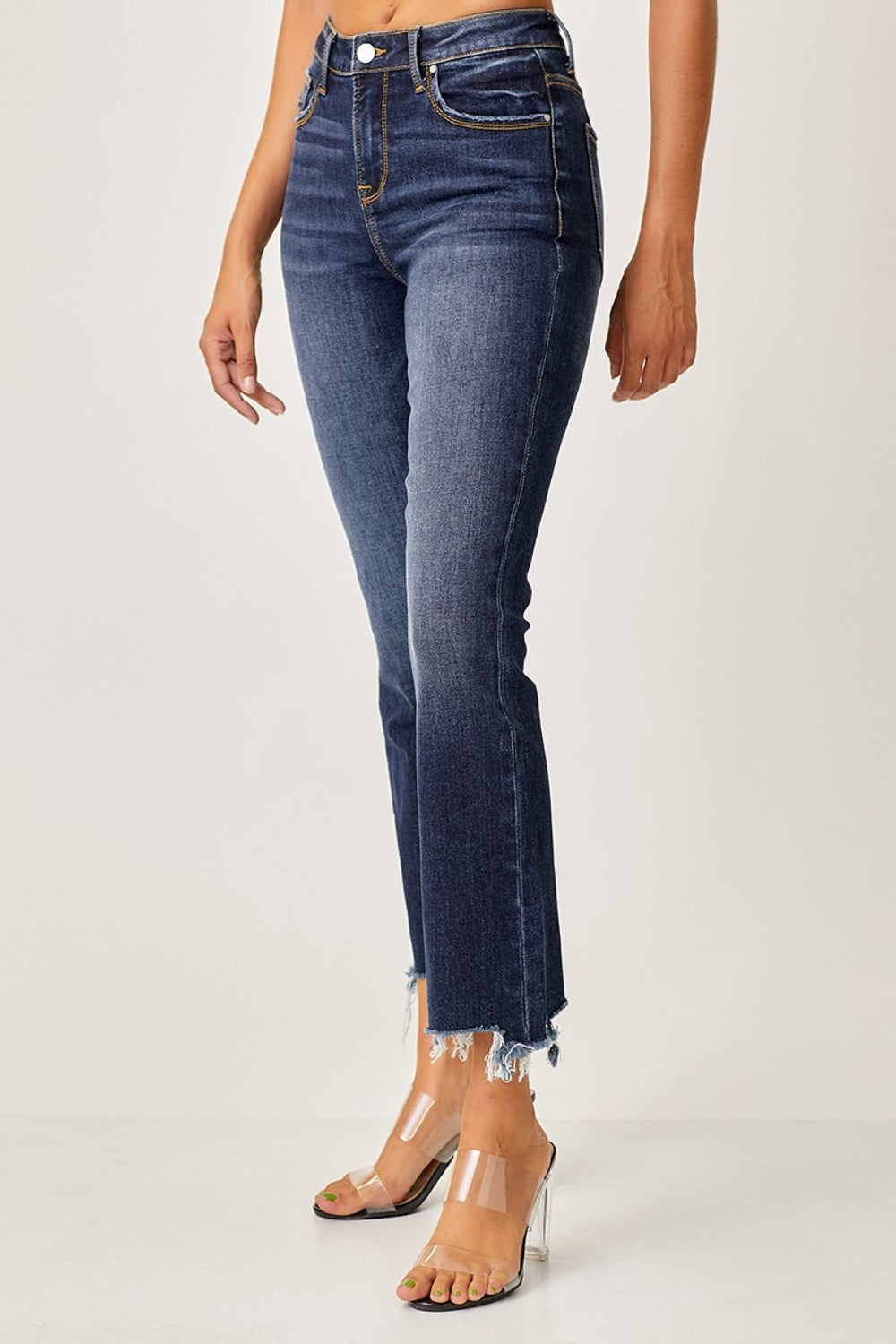 Risen Frayed Hem Cropped Straight Jeans - Dark Wash